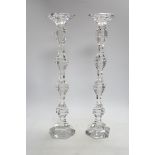 A pair of boxed tall Kenneth Turner glass candlesticks, 45.5cm