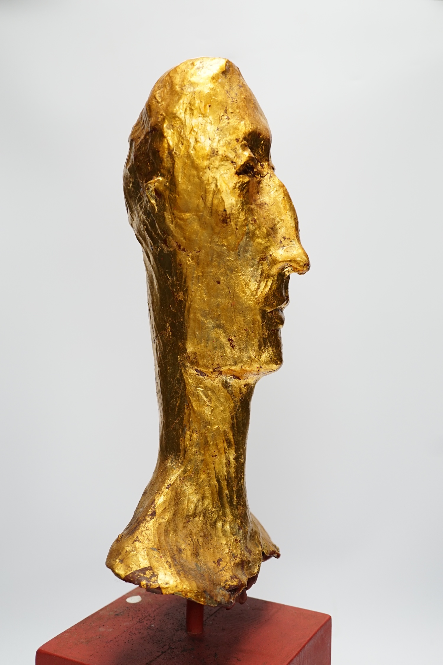 Simon Toone (b.1967), a gilt plaster model of a gentleman’s head on wooden stand, 57cm total - Image 3 of 4