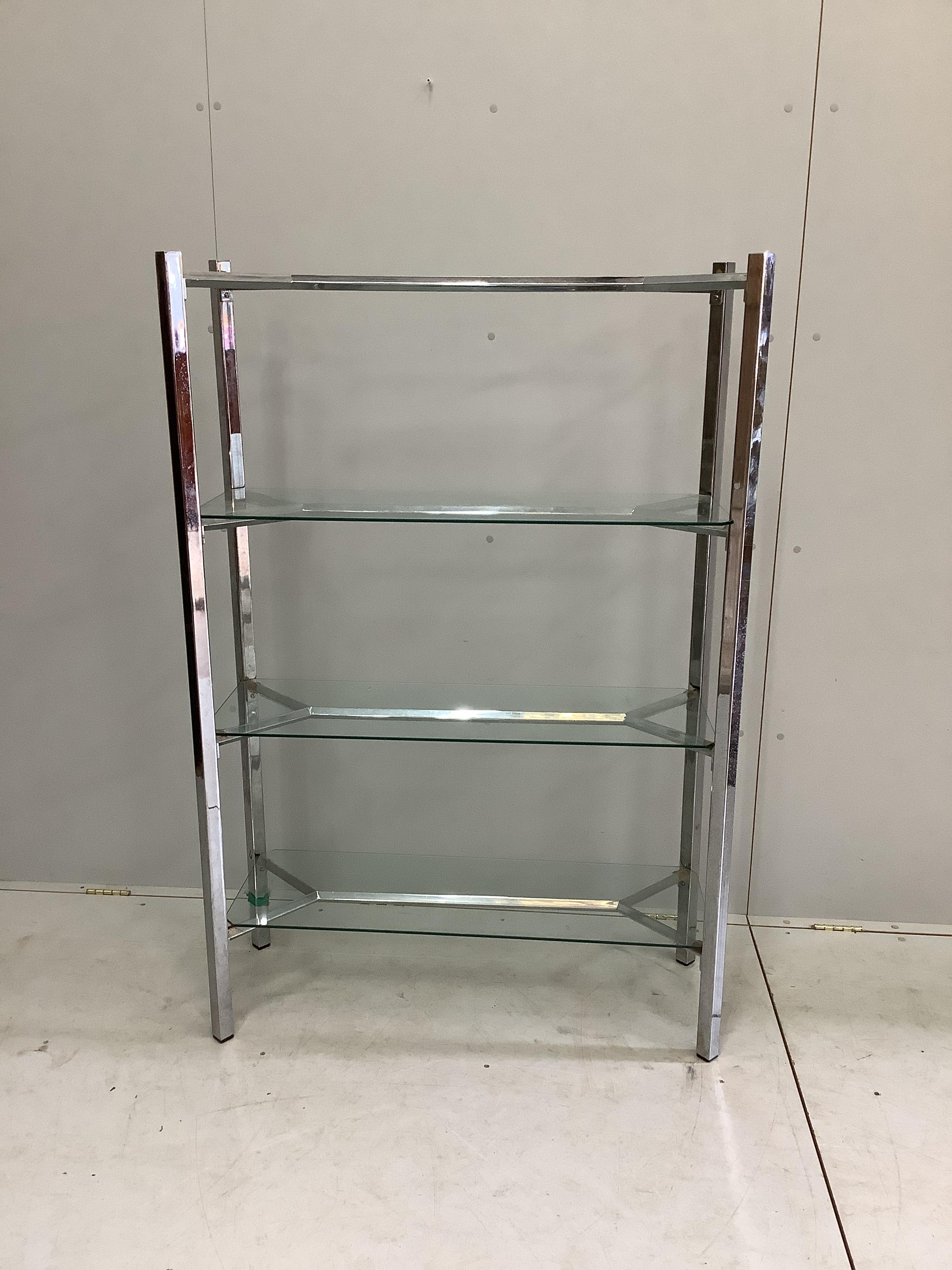 A contemporary chrome and glass three tier shelf unit, width 99cm, depth 38cm, height 147cm - Image 2 of 2