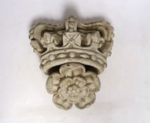 A White painted terracotta architectural cresting in the form coronet over a Tudor rose, 26cm high