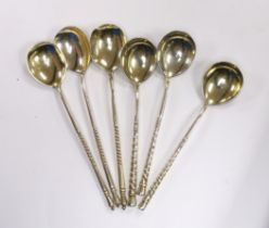 Three 19th century Russian 84 zolotnik and niello teaspoons, 1867 and three similar parcel silver
