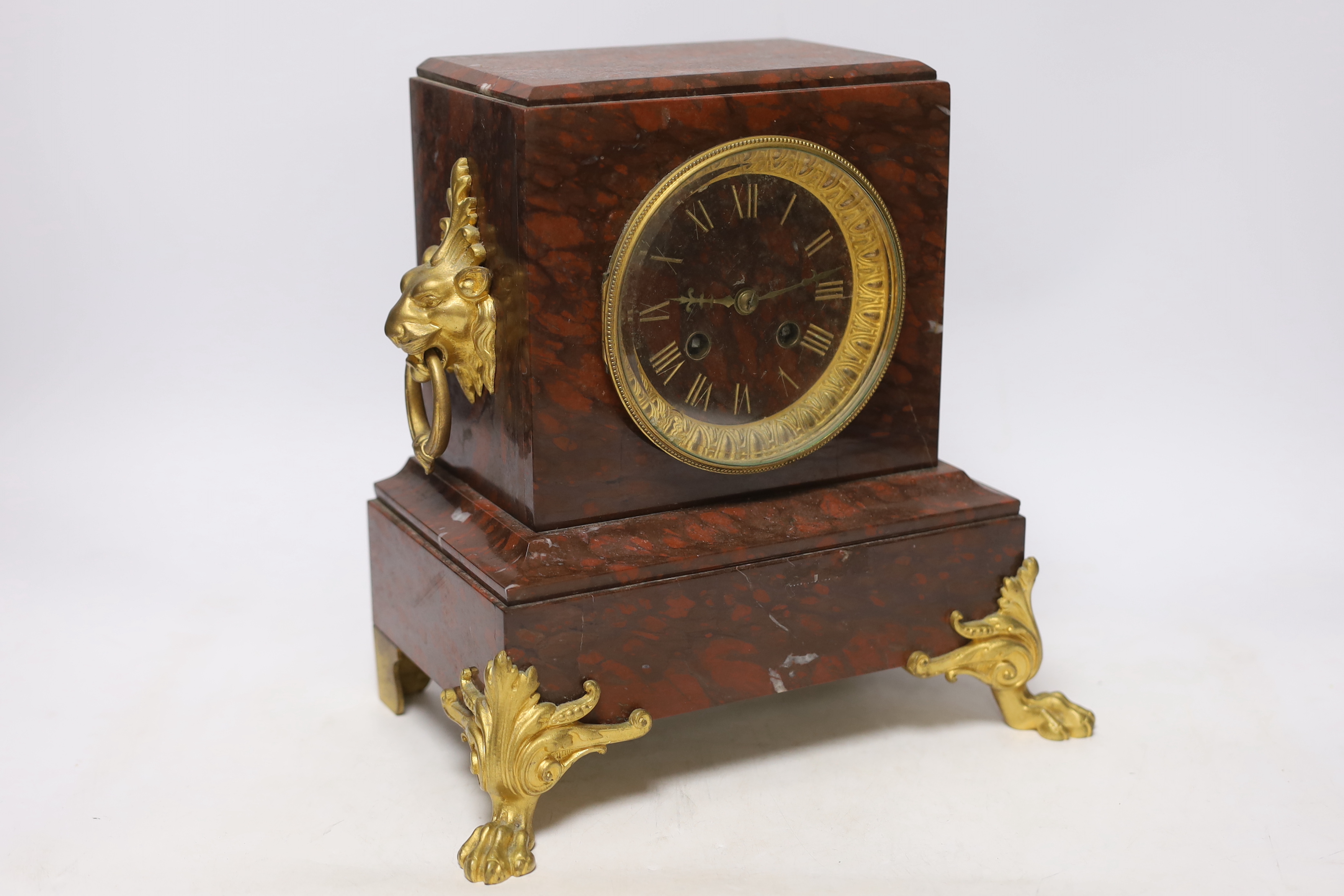 A late 19th century French rouge marble and ormolu clock garniture, 31cm - Image 4 of 6