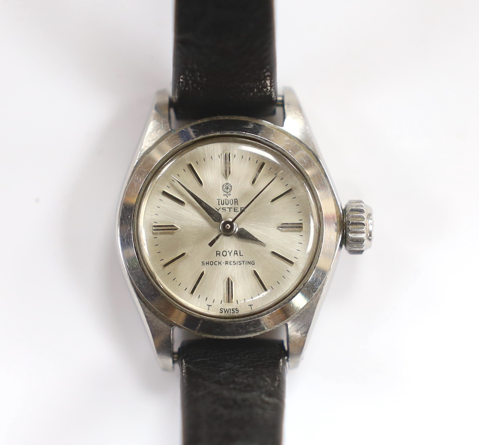 A lady's stainless steel Tudor Oyster Royal manual wind wrist watch, on an associated black