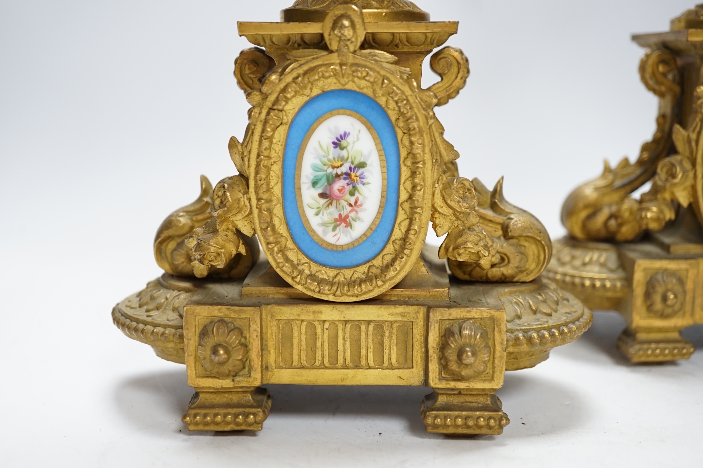 A pair of 19th century French ornamental gilt metal candlesticks, possibly clock garnitures, 32. - Image 2 of 4
