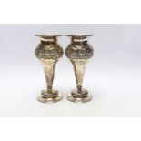 A pair of George V silver mounted posy vases, with engraved presentation inscriptions, London, 1912,