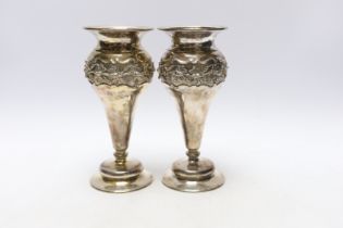 A pair of George V silver mounted posy vases, with engraved presentation inscriptions, London, 1912,