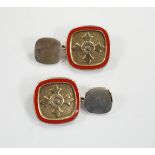 A modern pair of silver and red enamel cufflinks, embossed with the Order of The British Empire,