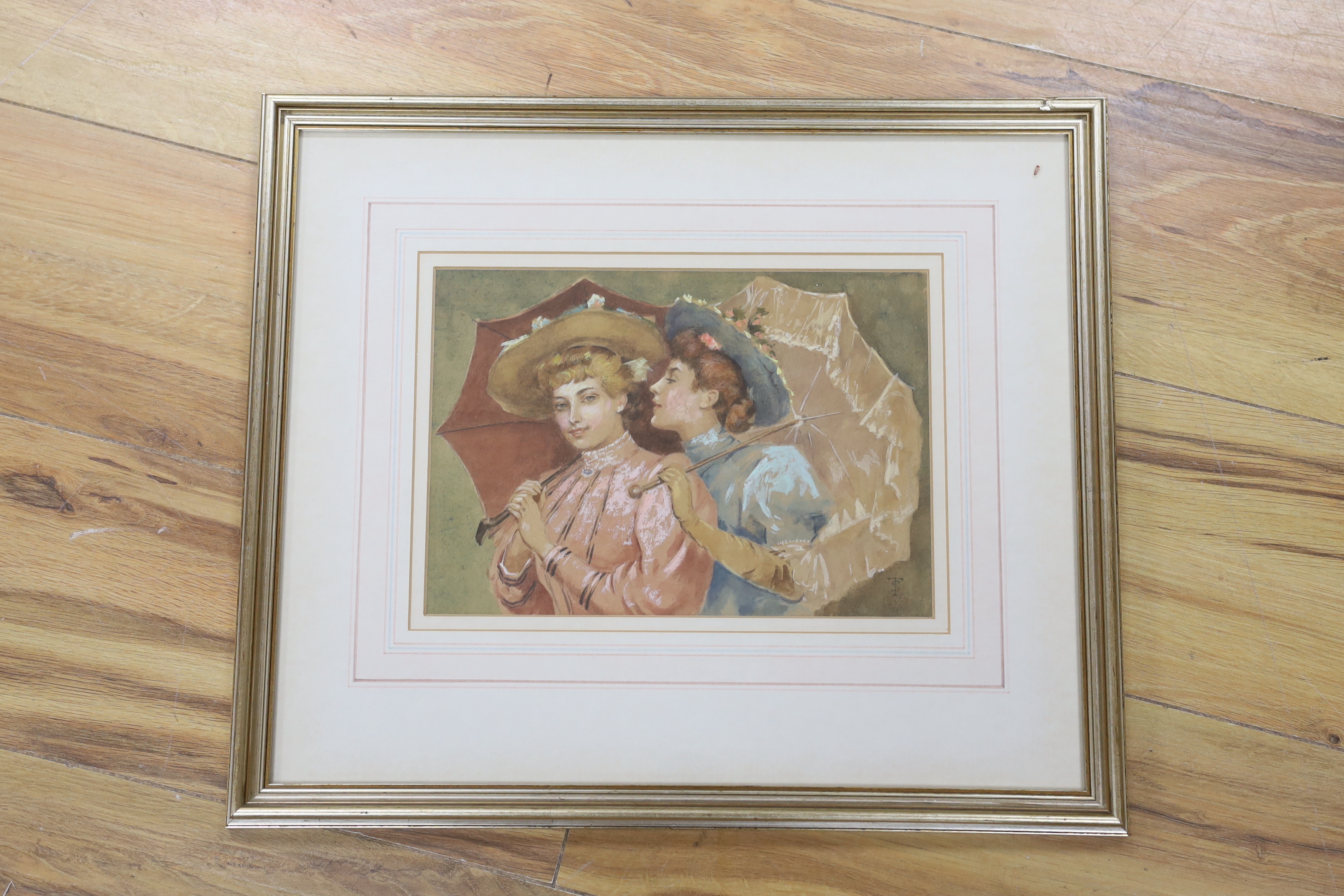 Early 20th century, heightened watercolour, Two Edwardian ladies, monogrammed TS, 17 x 24cm - Image 2 of 3