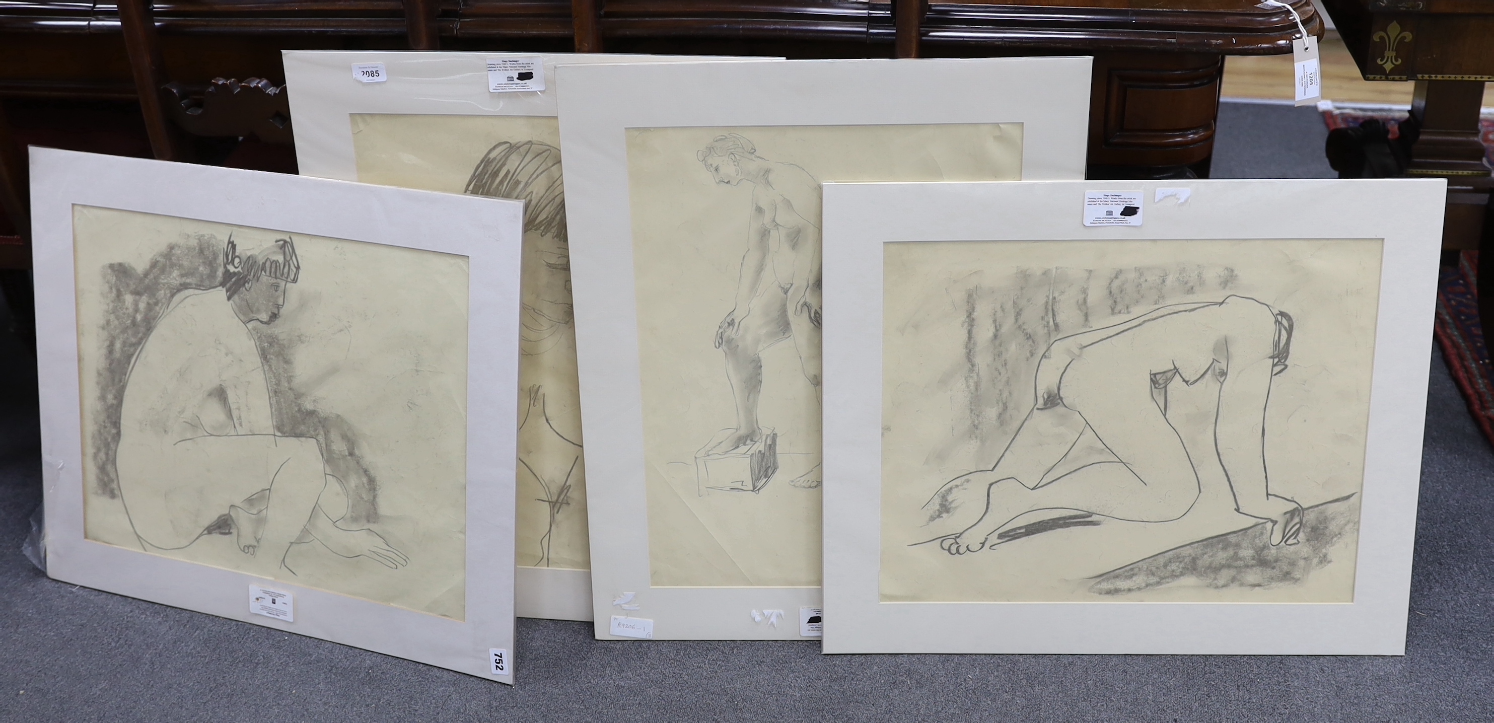 Hugo “Puck” Dachinger (1908-1995), six charcoal sketches, Nude studies, unsigned, four mounted,