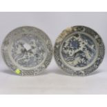 A pair of Chinese Swatow blue and white 'phoenix' plates, late Ming, Binh Thuan shipwreck, 26cm