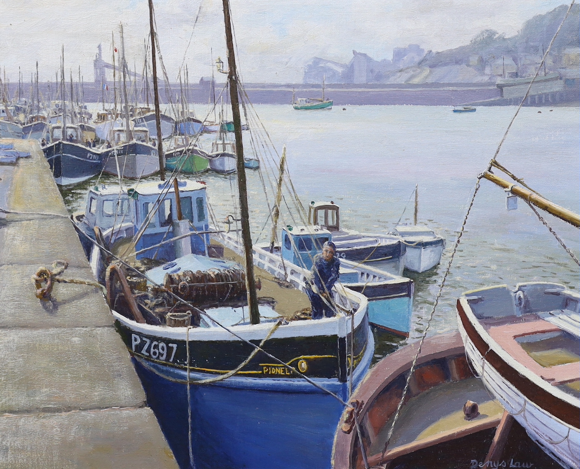 Denys Law (1907-1981) Modern British, oil on board, Harbour scene with fishing boats, signed, 40 x