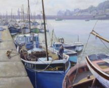 Denys Law (1907-1981) Modern British, oil on board, Harbour scene with fishing boats, signed, 40 x