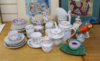Assorted Continental ceramics, mainly 19th century, including two figures of parrots, two candle
