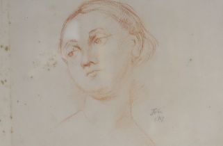 Circle of Augustus John RA (Welsh, 1878-1961), sanguine chalk, Study of a young woman, bears