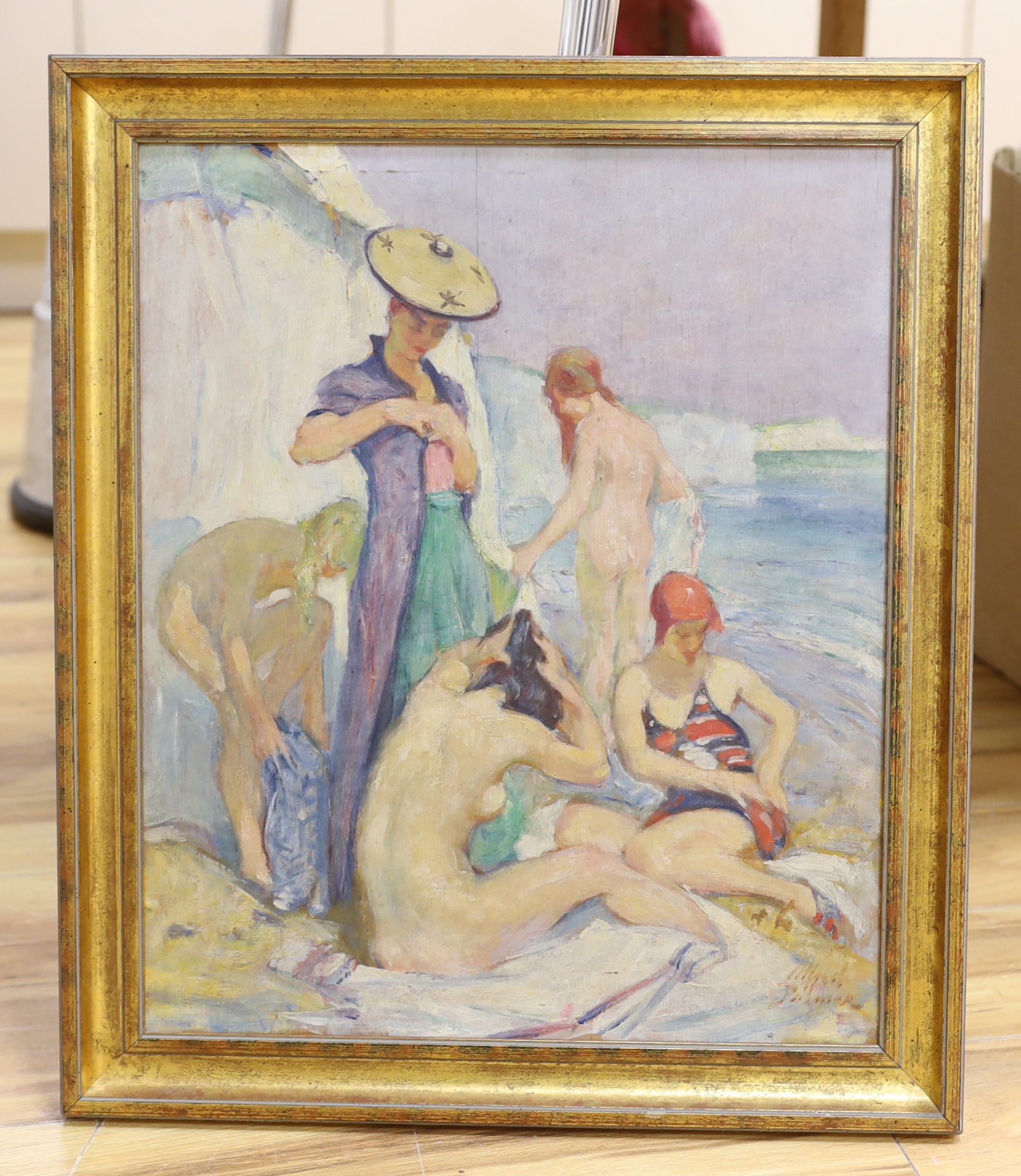 Alfred Palmer (1877-1951), oil on board, Female bathers, signed, 45 x 37cm - Image 2 of 3