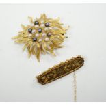 A continental 750 yellow metal and cultured pearl cluster set brooch, 44mm, gross weight 11.5 grams,