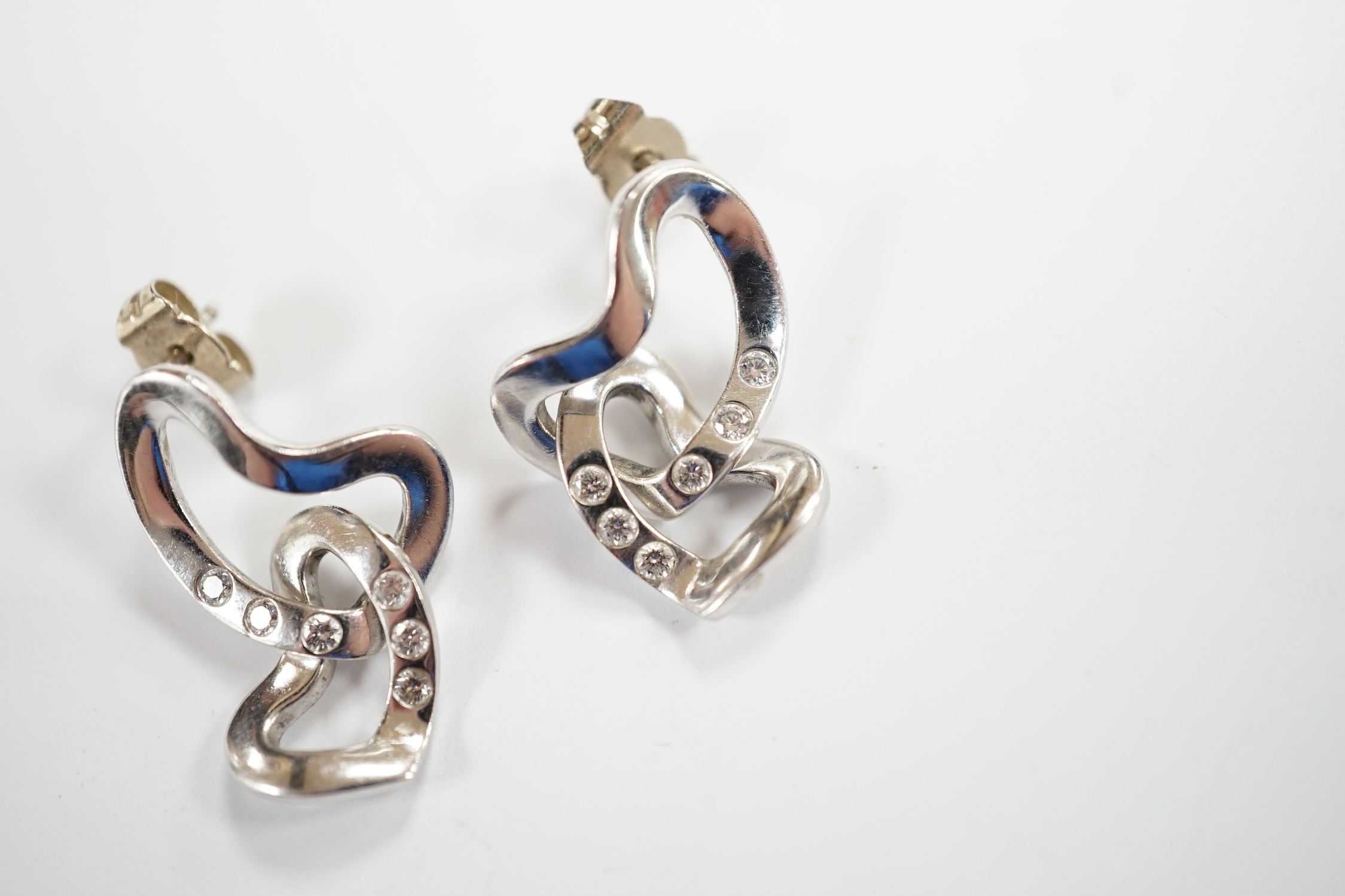 A modern pair of Georg Jensen Danish 750 white metal and diamond chip set drop earrings, - Image 3 of 4