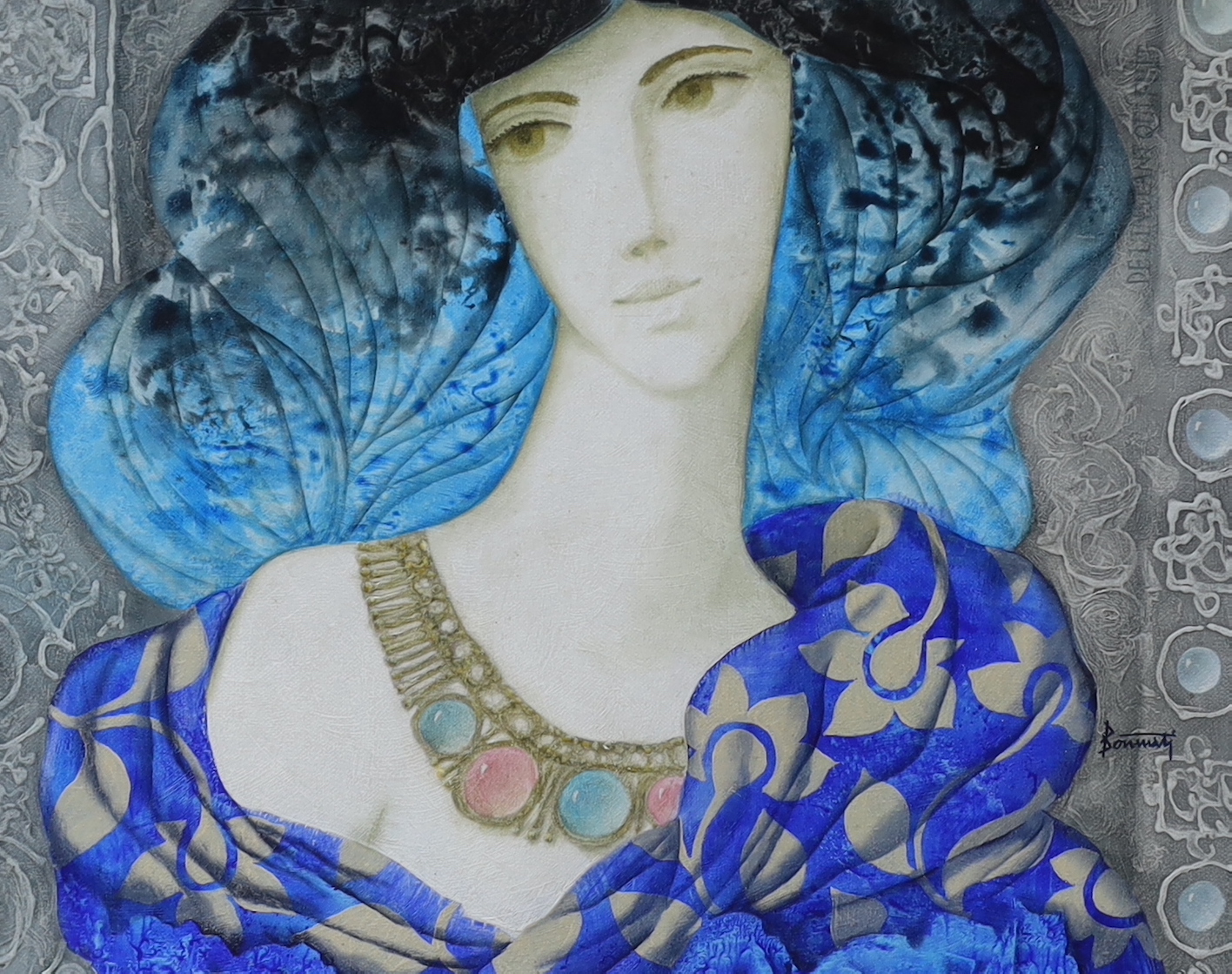 Gabriel Bonmati (Moroccan, 1928-2005), oil on canvas, 'Blue woman', signed, various inscriptions