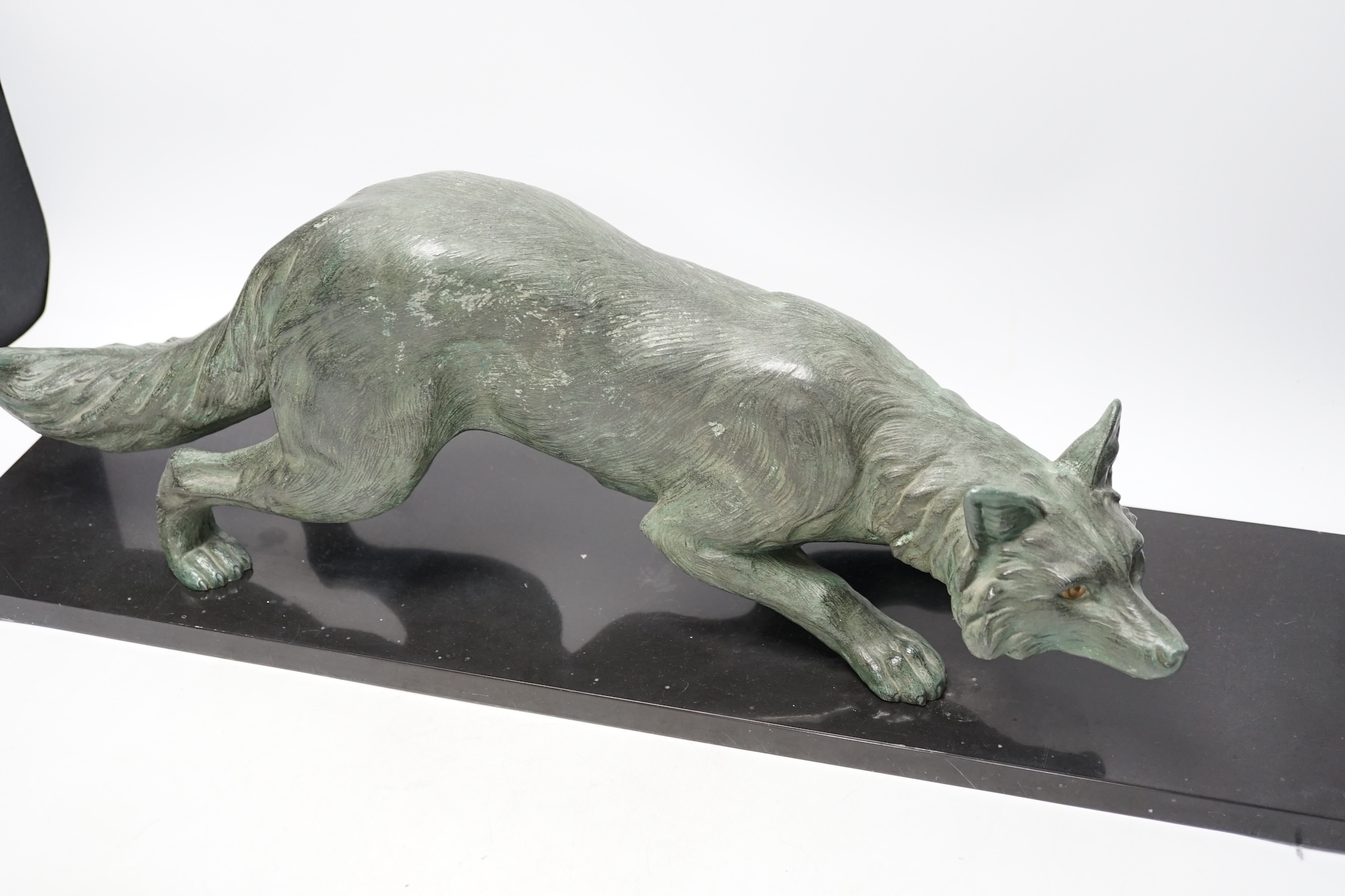 A bronzed metal model of a stalking fox, on black marble plinth, 62cm - Image 4 of 6