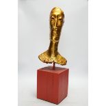 Simon Toone (b.1967), a gilt plaster model of a gentleman’s head on wooden stand, 57cm total