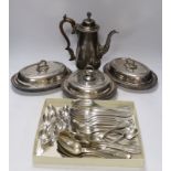 Assorted plated wares including Christofle flatware, coffee pot and three serving dishes.