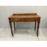 A Victorian mahogany two drawer side table, width 106cm, depth 49cm, height 80cm