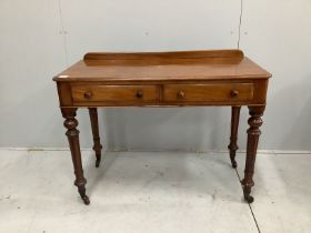 A Victorian mahogany two drawer side table, width 106cm, depth 49cm, height 80cm