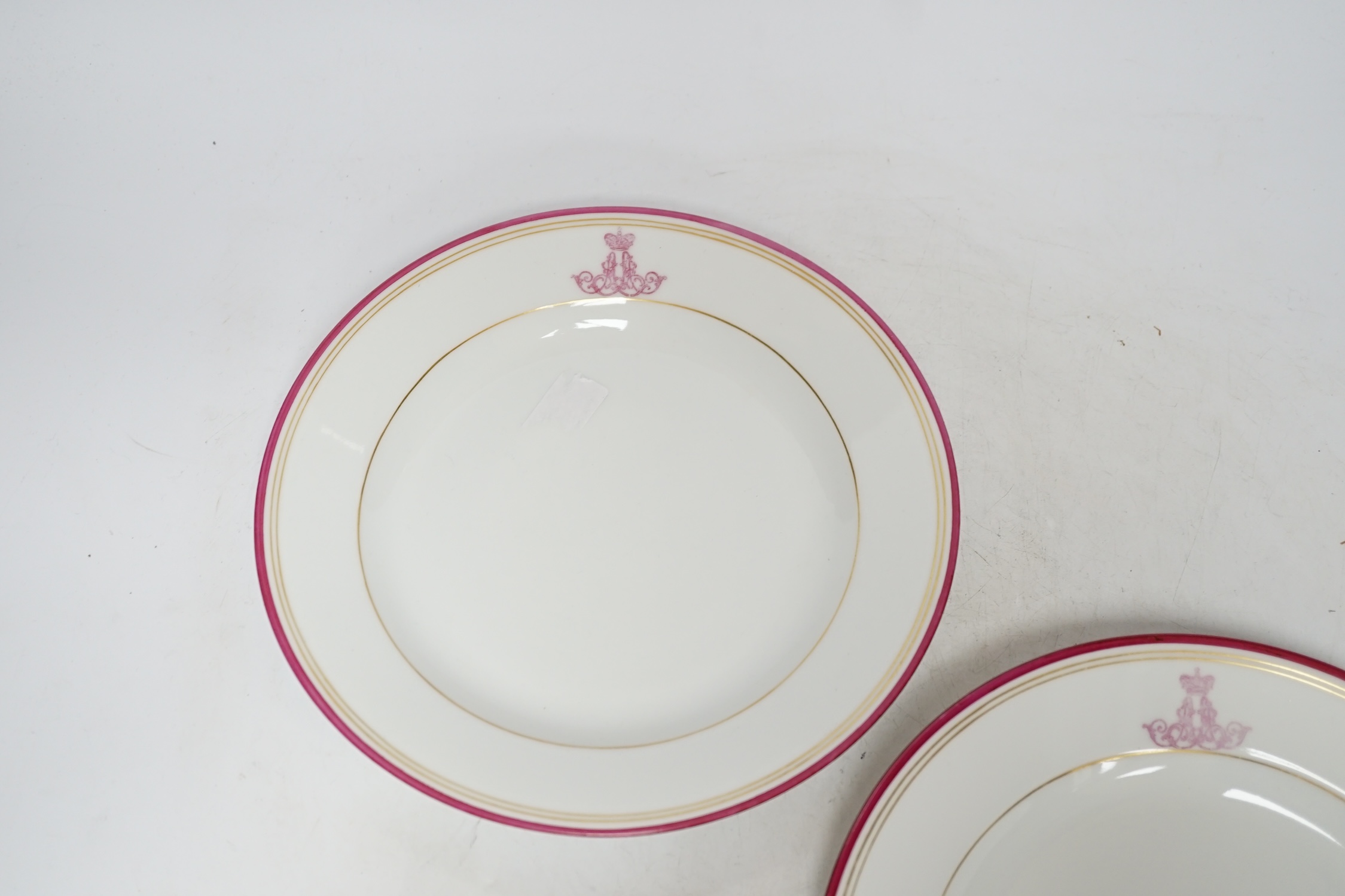 A pair of Nicholas II Russian Imperial porcelain factory plates, puce monogram for Grand Duke - Image 2 of 4