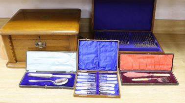 Two oak cased canteens of Old English pattern plated flatware and smaller boxes of cutlery