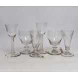 Two late 18th century DSOT Wine glasses, two dwarf ale glasses with engraved hops and barley, and