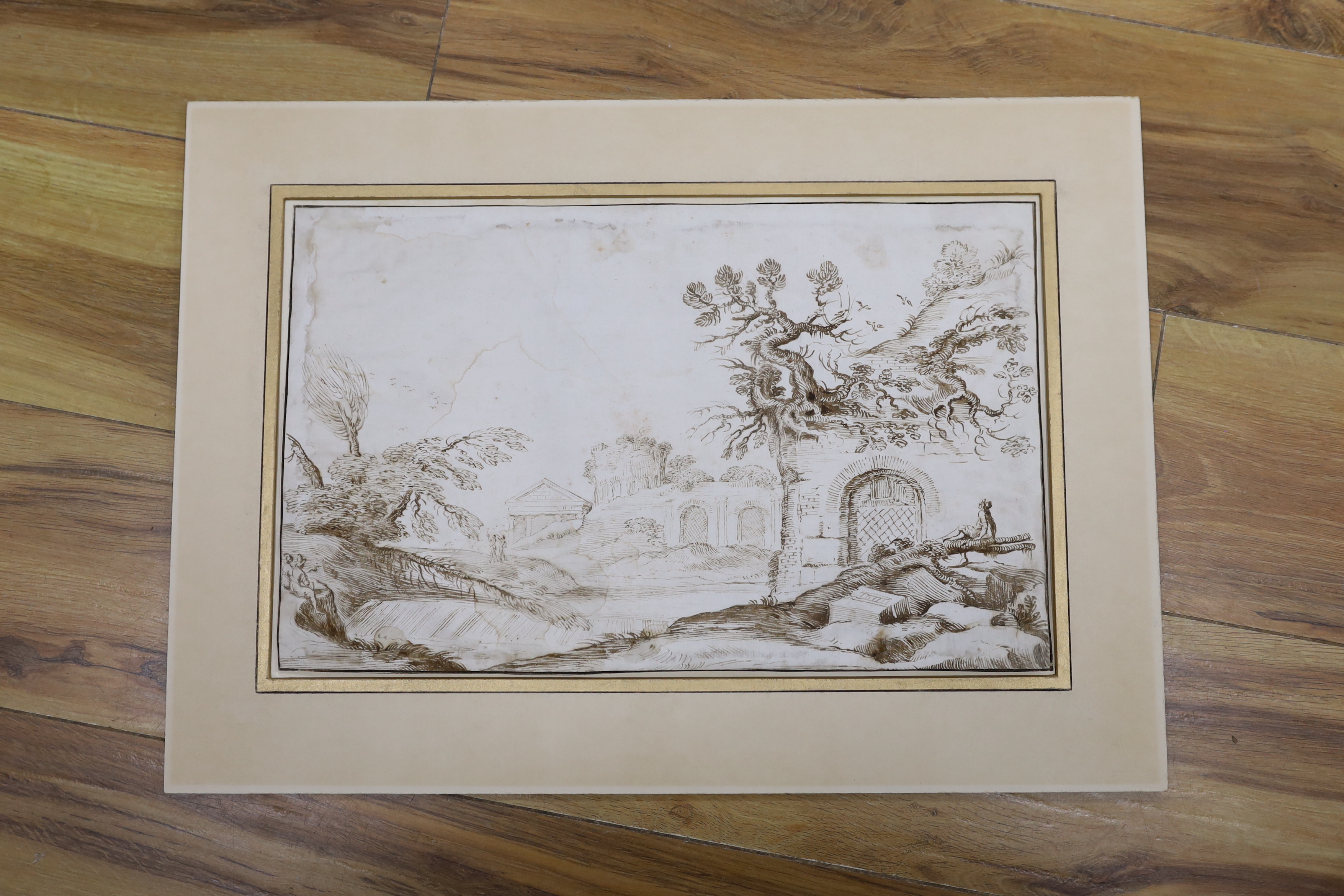 18th century Italian, old master sepia ink sketch, Landscape with ruins, mounted, 25 x 40cm, - Image 2 of 2