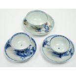 Three Chinese blue and white Nanking Cargo teabowls and saucers, largest 11.5cm diameter