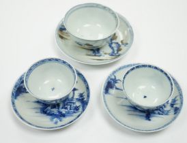 Three Chinese blue and white Nanking Cargo teabowls and saucers, largest 11.5cm diameter