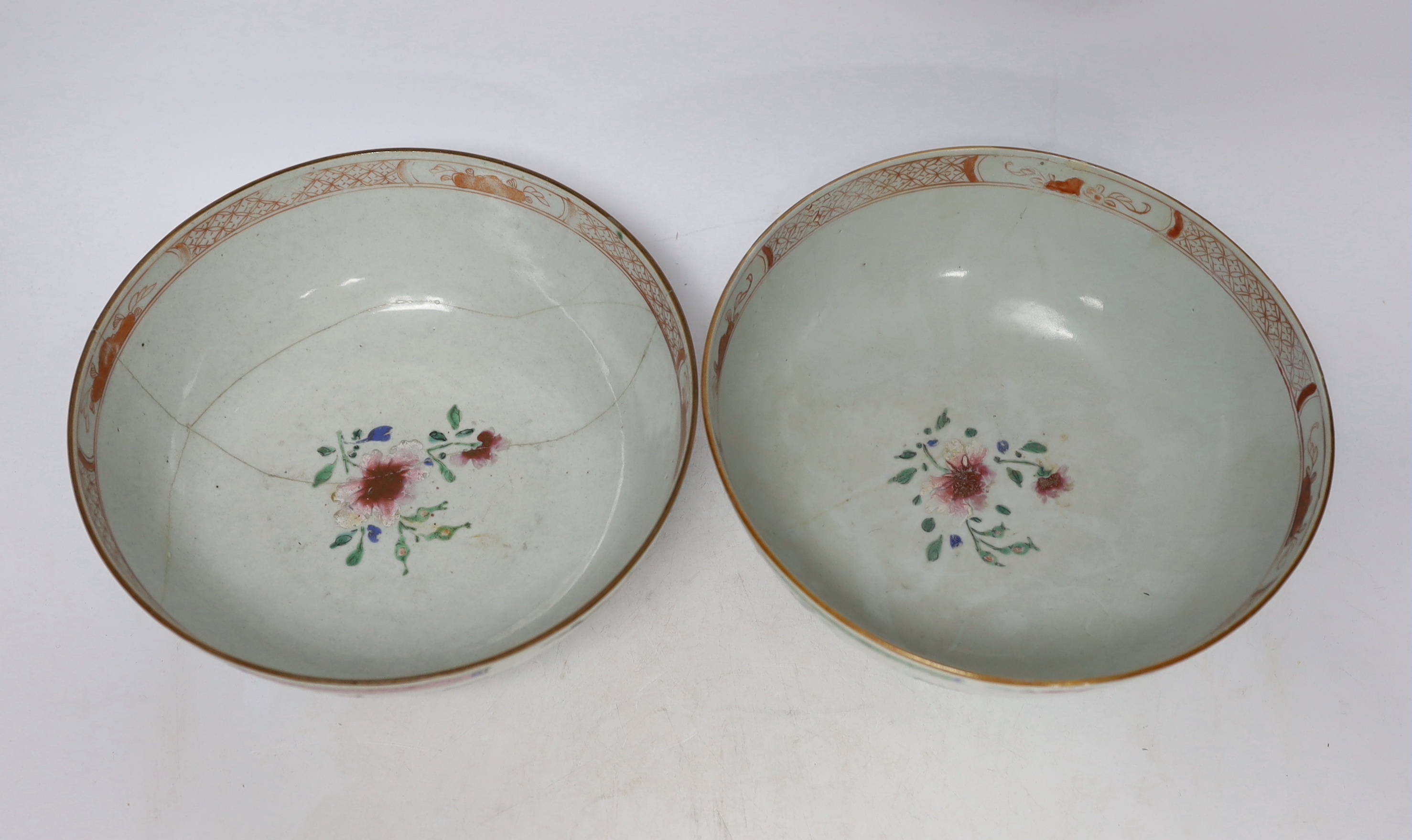 Two 18th century Chinese export famille rose bowls, 23.5cm diameter - Image 3 of 4