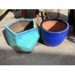 Two large blue glazed garden planters, larger width 52cm, height 49cm