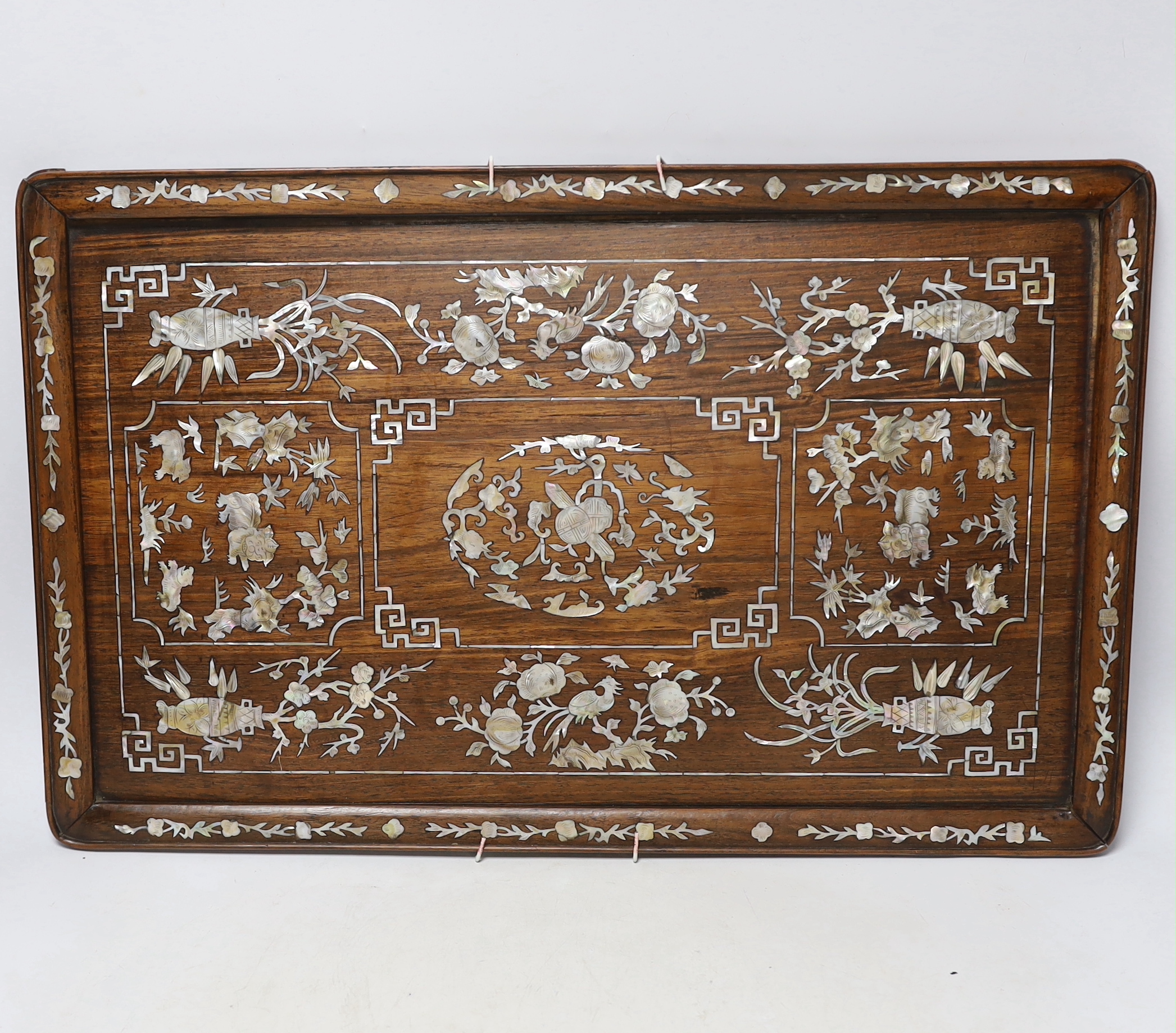 A Chinese hongmu and mother of pearl inlaid tray, late 19th century, decorated with lion cubs, - Image 6 of 6