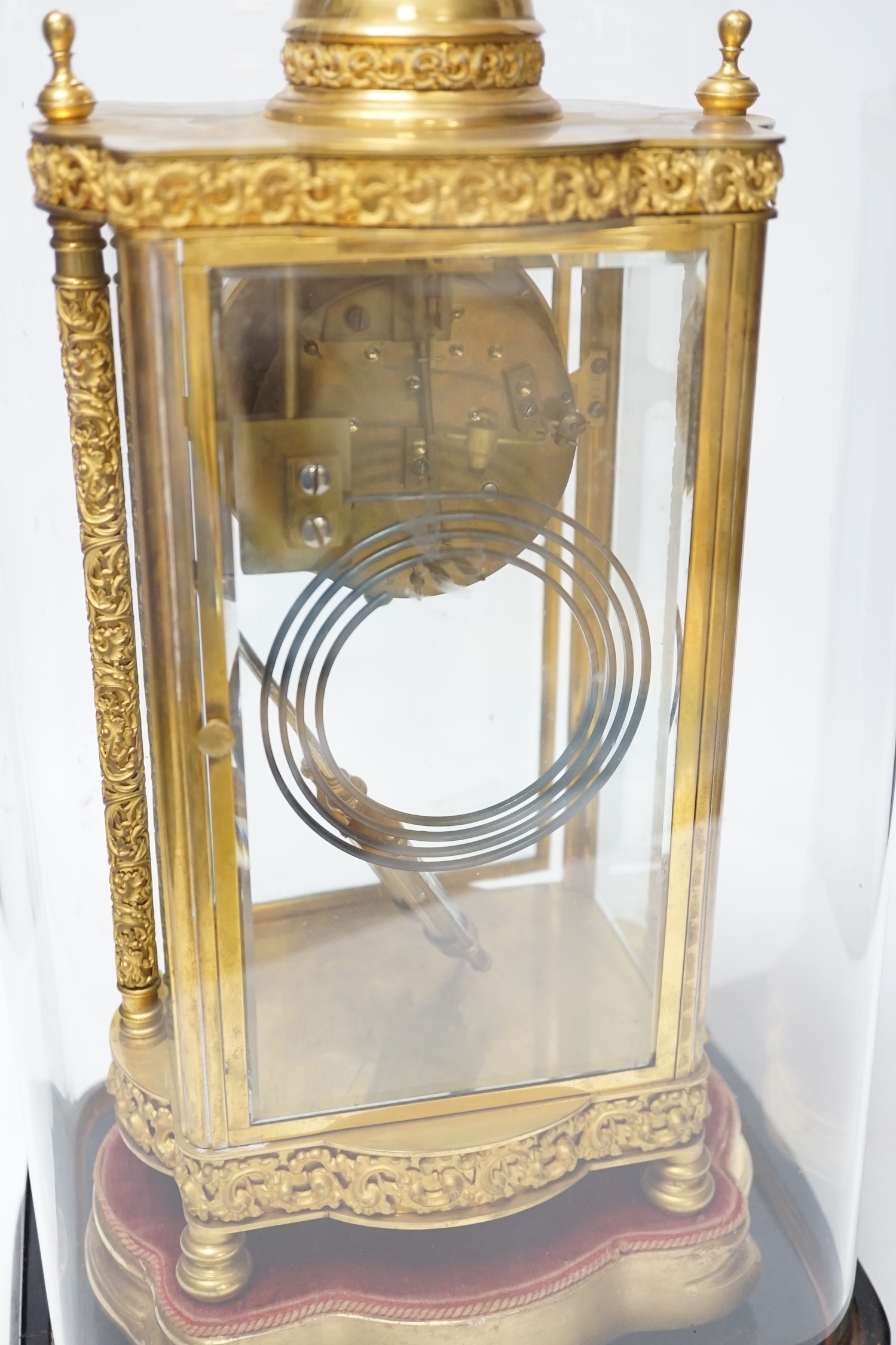 A French four glass mantel clock striking on a coiled gong with gilt brass frame and mercury - Image 4 of 4