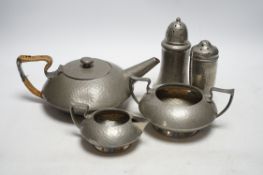 A Hutton Sheffield English Pewter tea set comprising of a teapot, 8cm high, jug and sugar bowl,