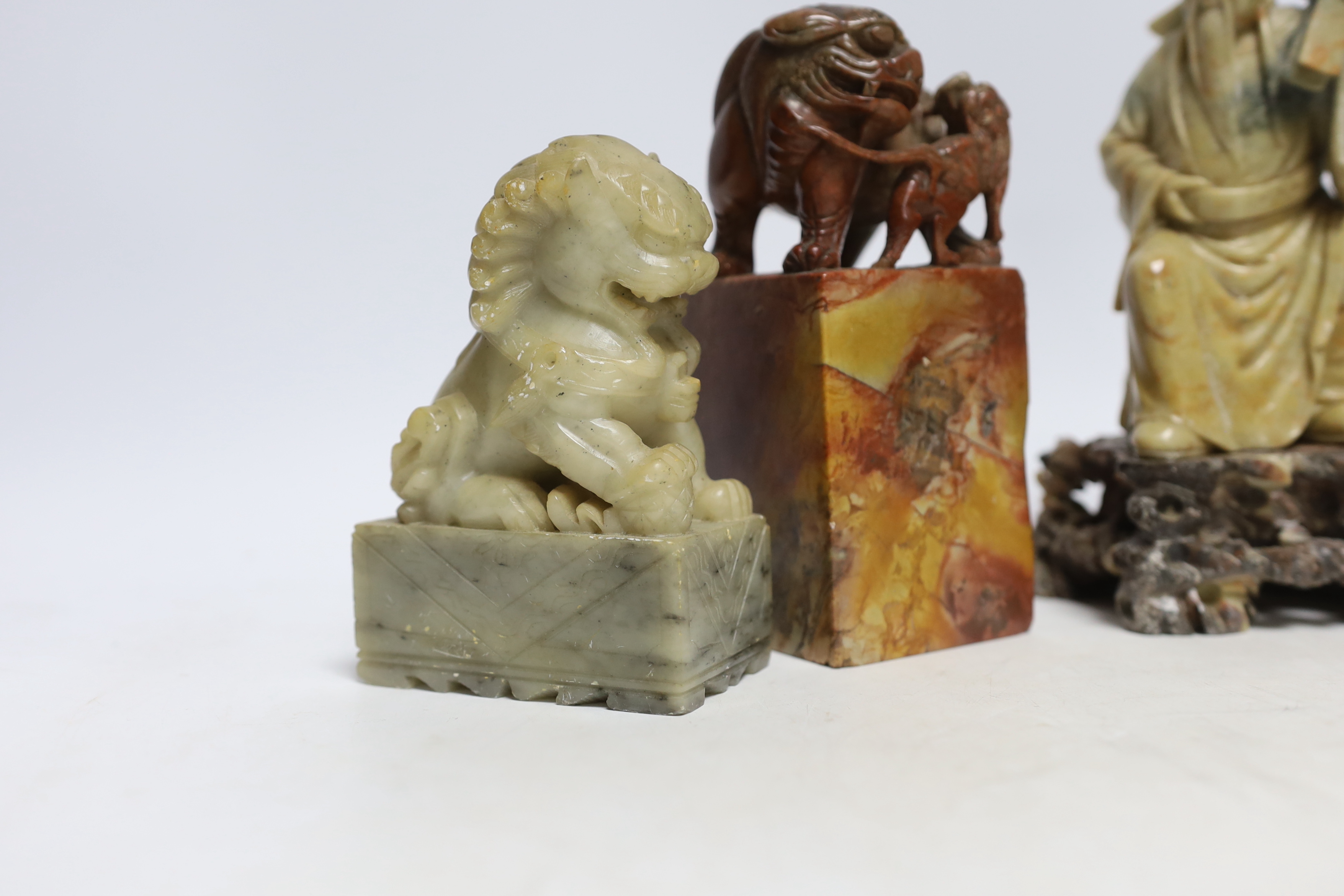 Two Chinese soapstone figures and a pair of Buddhist lion seals, tallest 19.5cm - Image 2 of 4