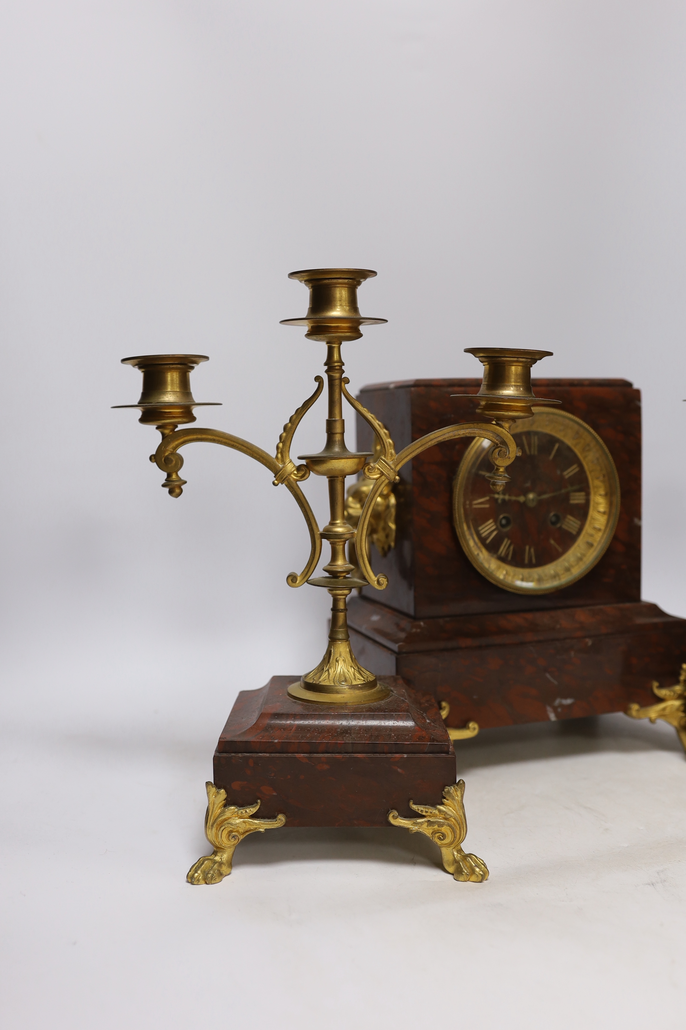 A late 19th century French rouge marble and ormolu clock garniture, 31cm - Image 2 of 6