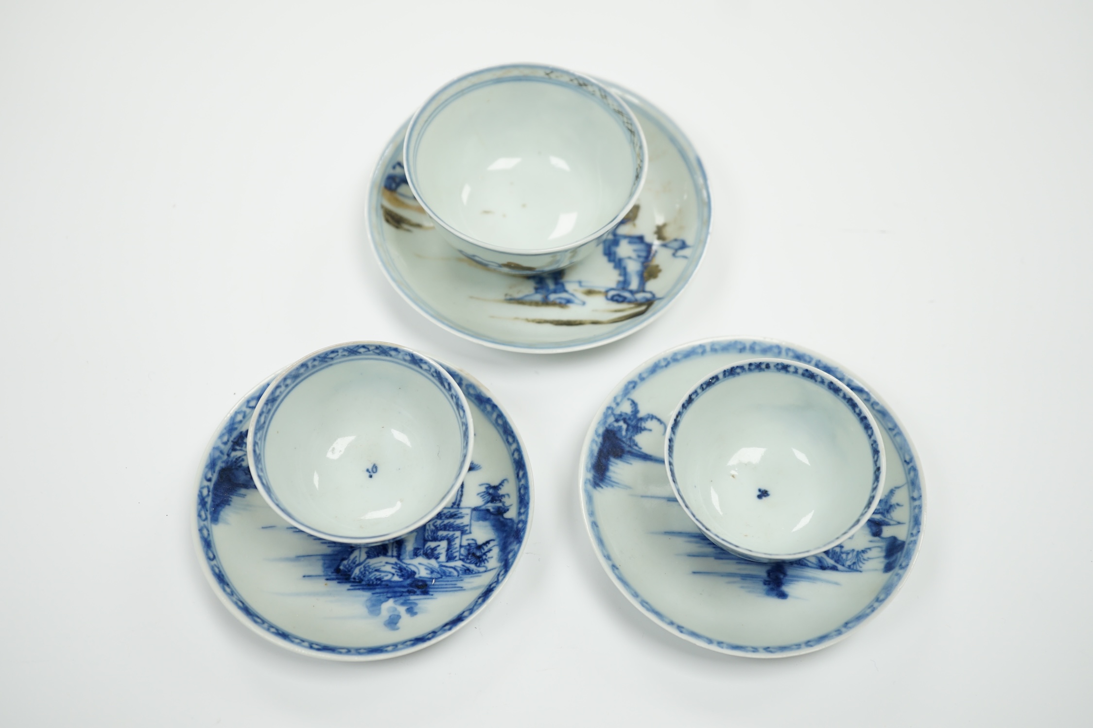 Three Chinese blue and white Nanking Cargo teabowls and saucers, largest 11.5cm diameter - Image 2 of 5