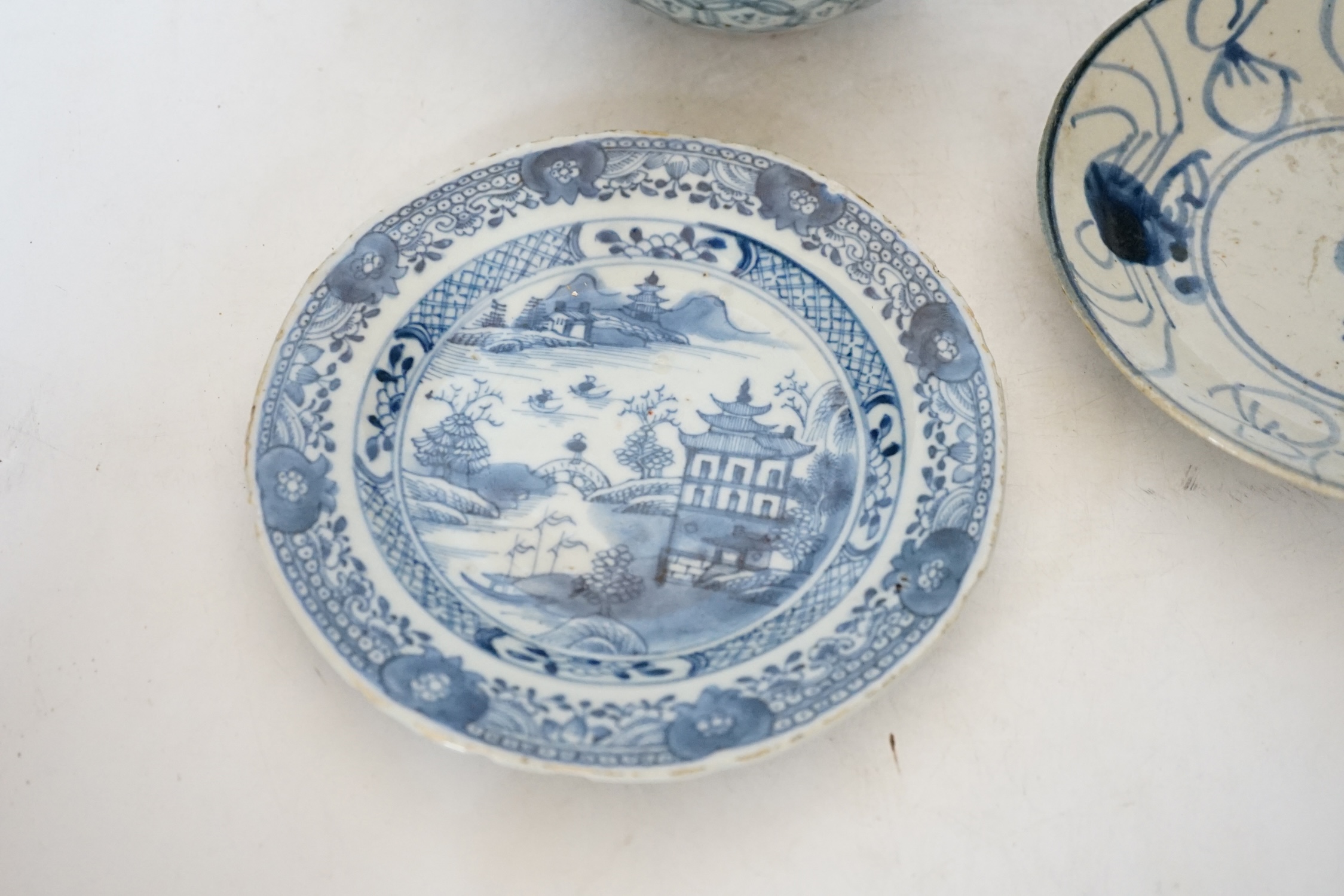 A Chinese Ming blue and white bowl and two Qing dynasty dishes, largest 17cm diameter - Image 2 of 6