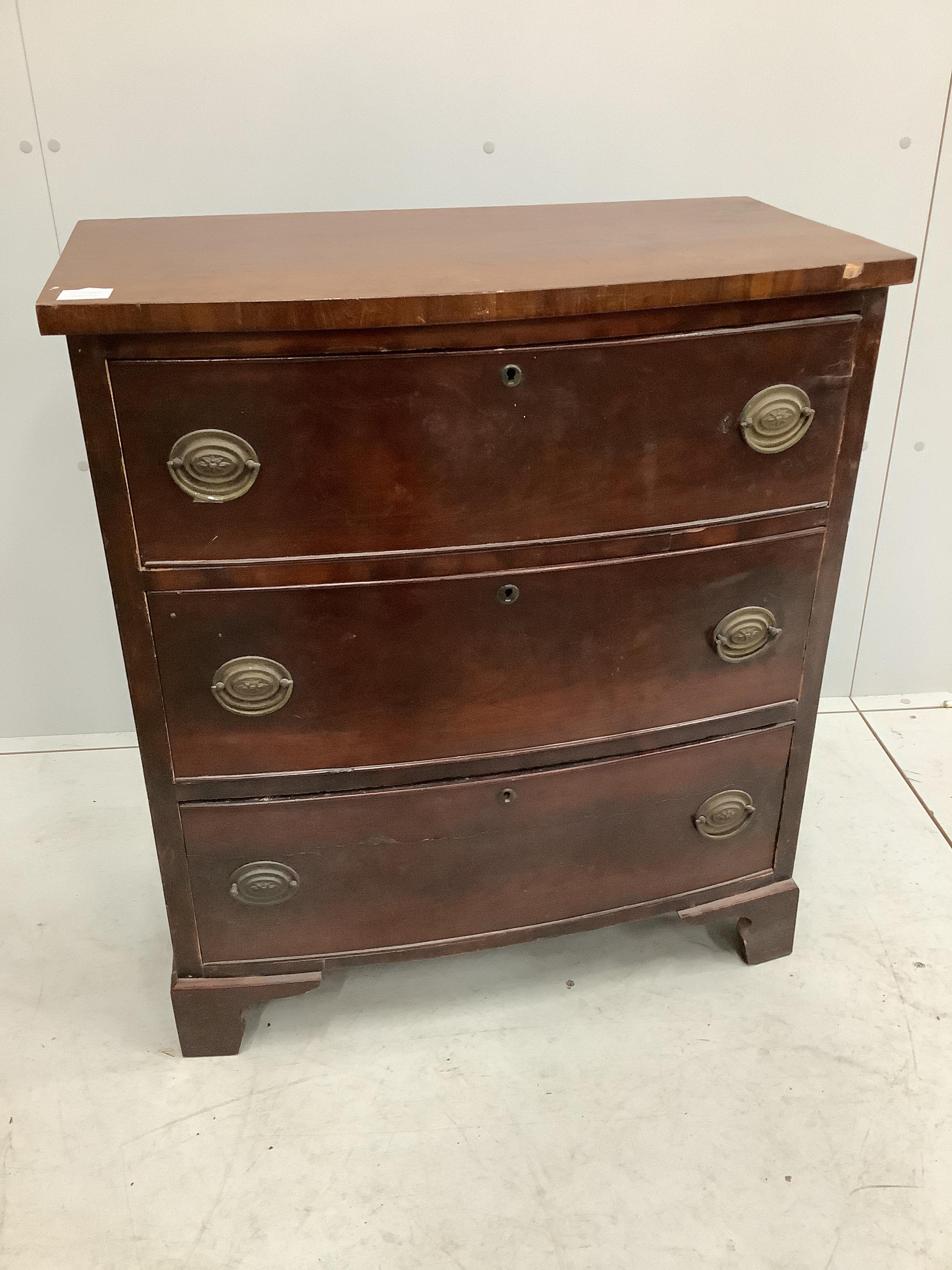 A 19th century mahogany three drawer bow front chest, width 77cm, depth 42cm, height 86cm