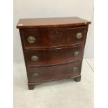 A 19th century mahogany three drawer bow front chest, width 77cm, depth 42cm, height 86cm