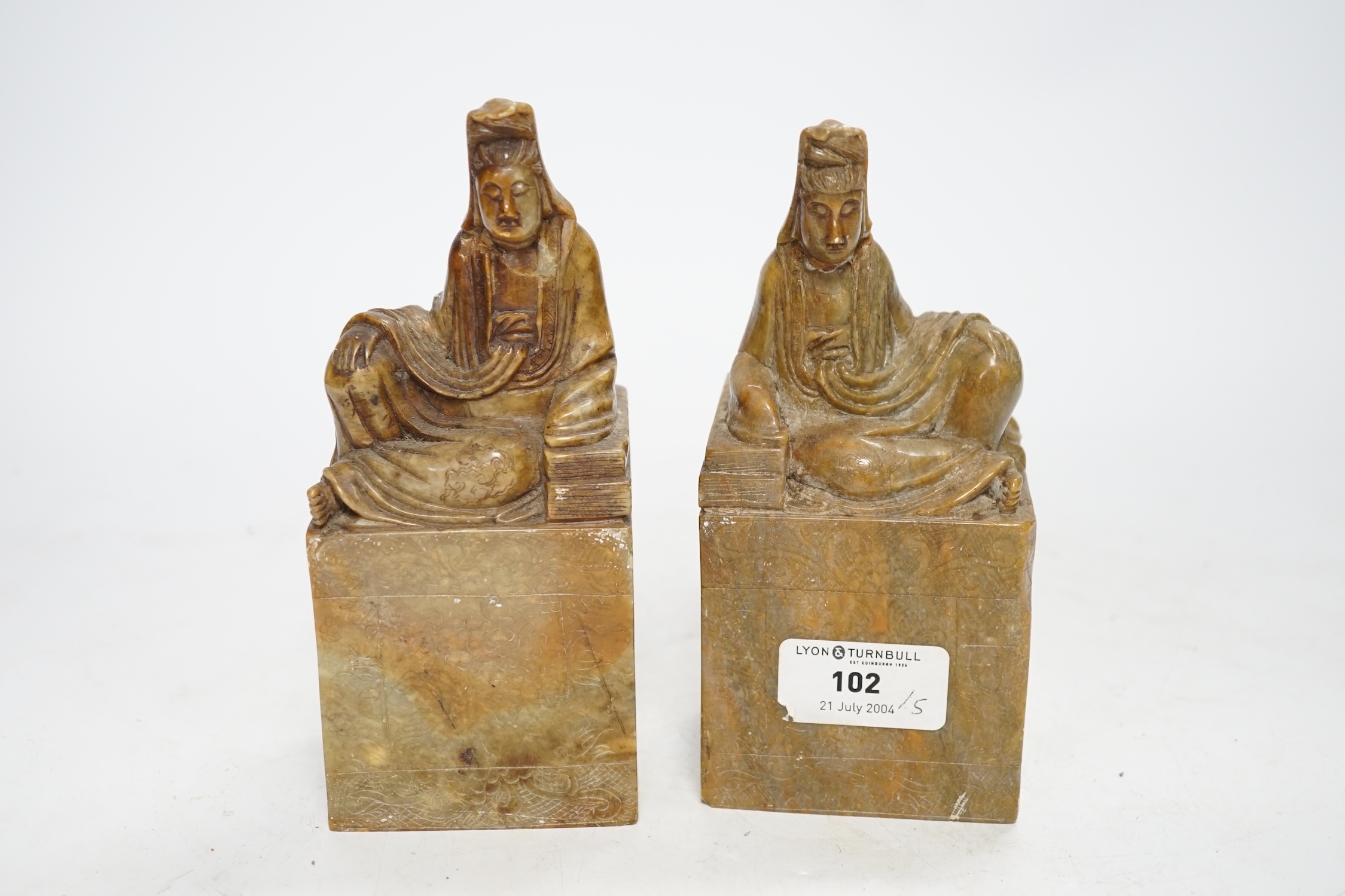 A pair of large Chinese soapstone ‘Guanyin’ seals, 16.5cm high - Image 2 of 4