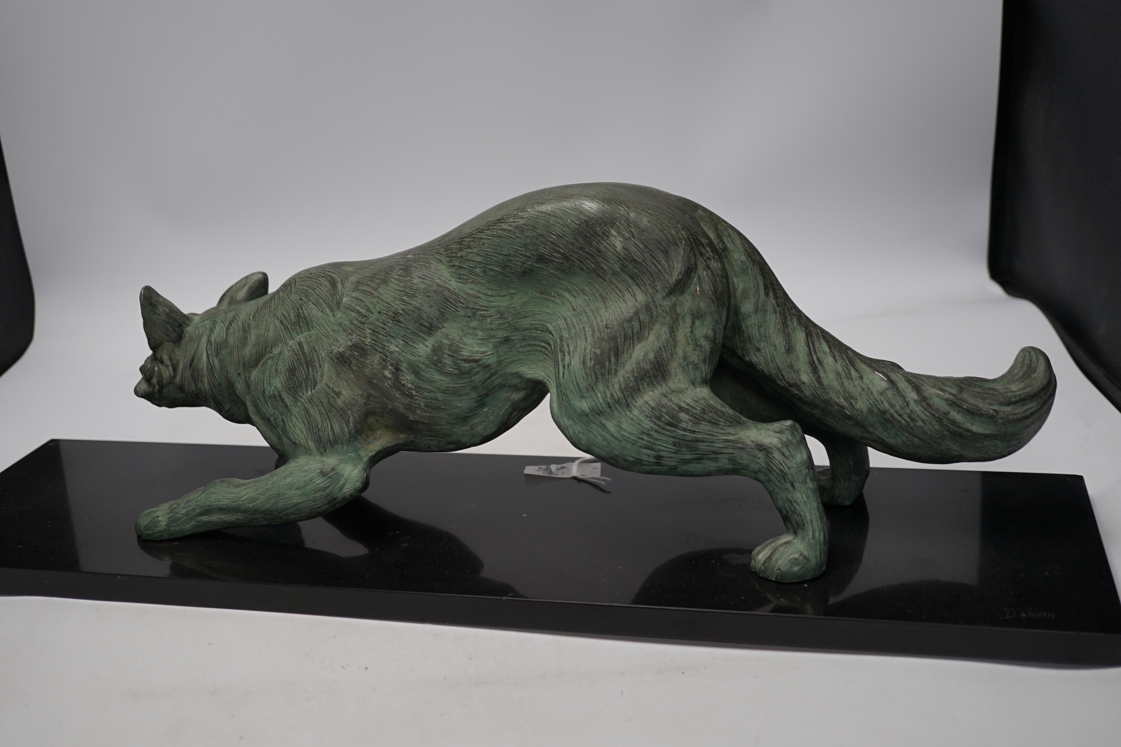 A bronzed metal model of a stalking fox, on black marble plinth, 62cm - Image 6 of 6