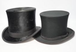 A brown leather top hat case together with a black silk collapsible top hat/opera hat and another,