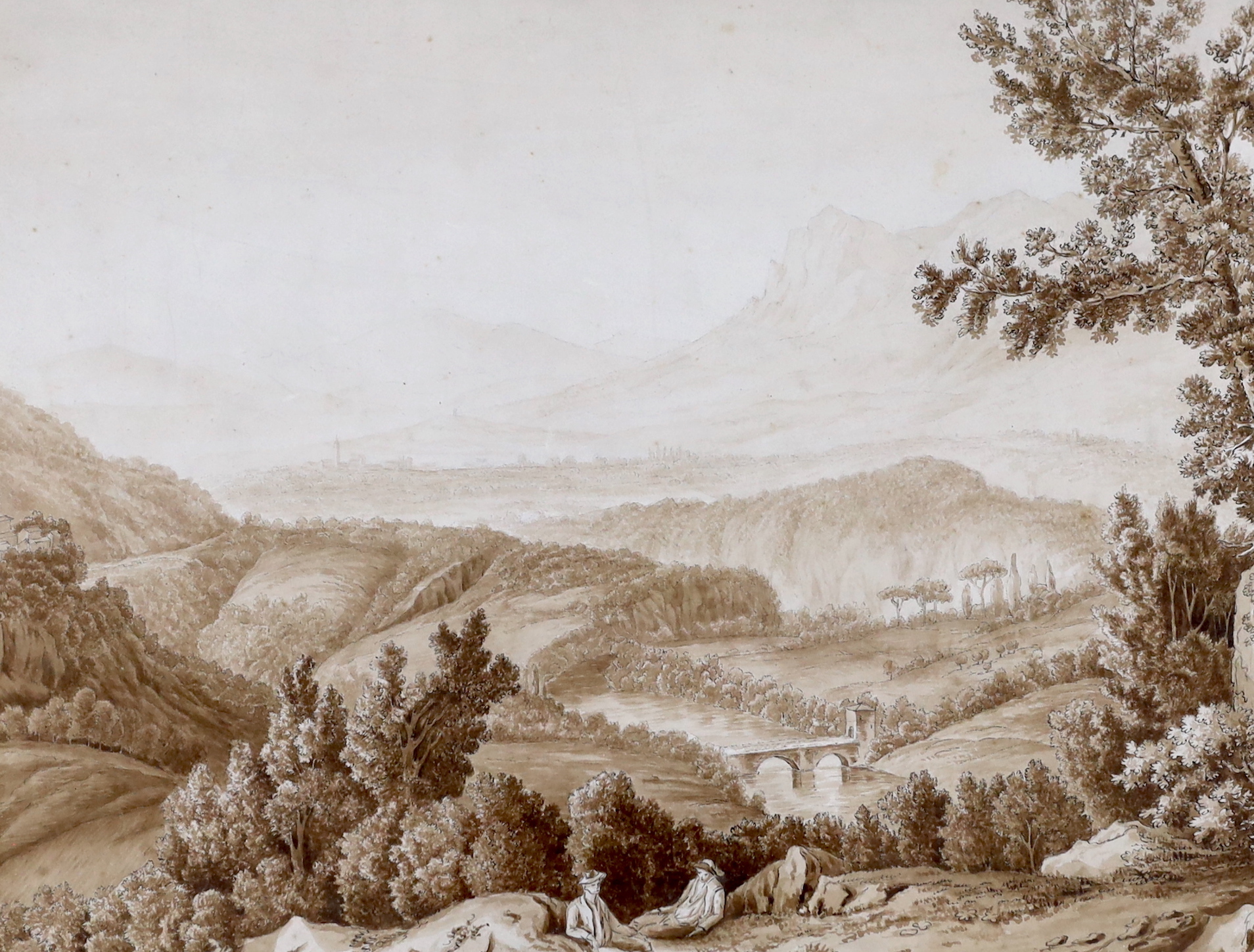 Anthony Devis (1729-1817), watercolour, Mountainous landscape with pack horses, gallery label verso, - Image 3 of 4