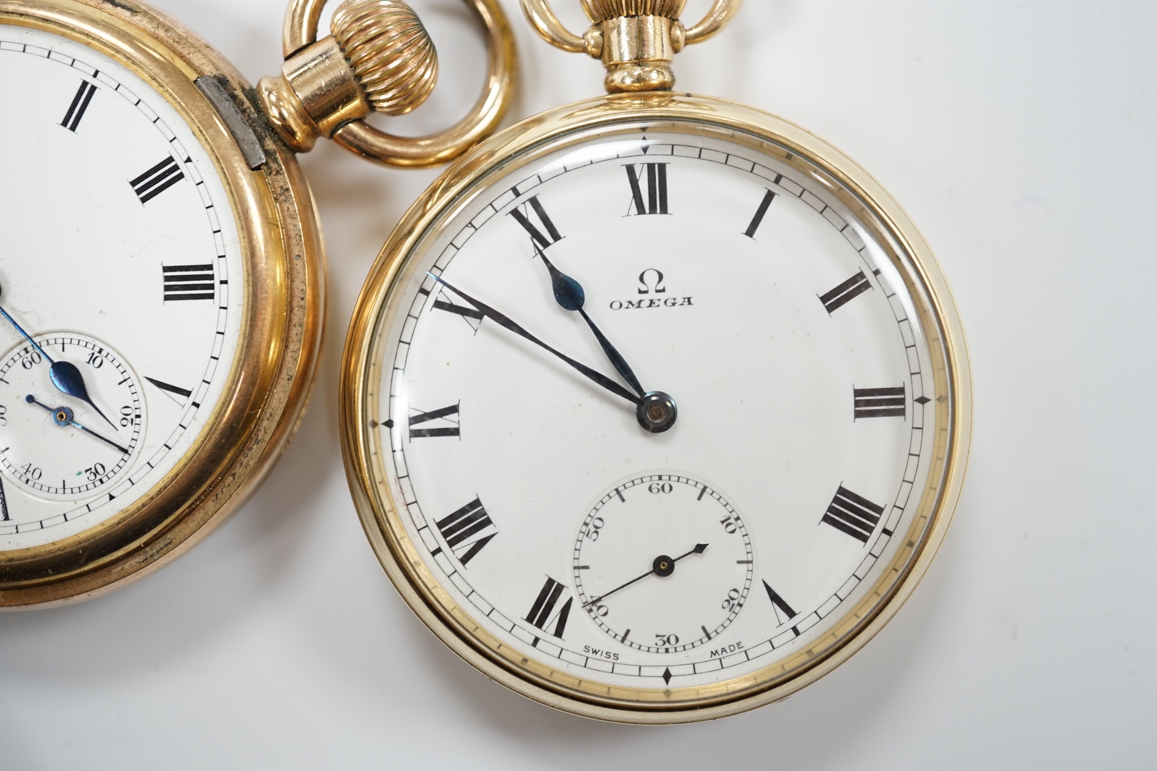 A gold plated Omega open faced pocket watch, with Roman dial and subsidiary seconds and a gold - Image 3 of 4