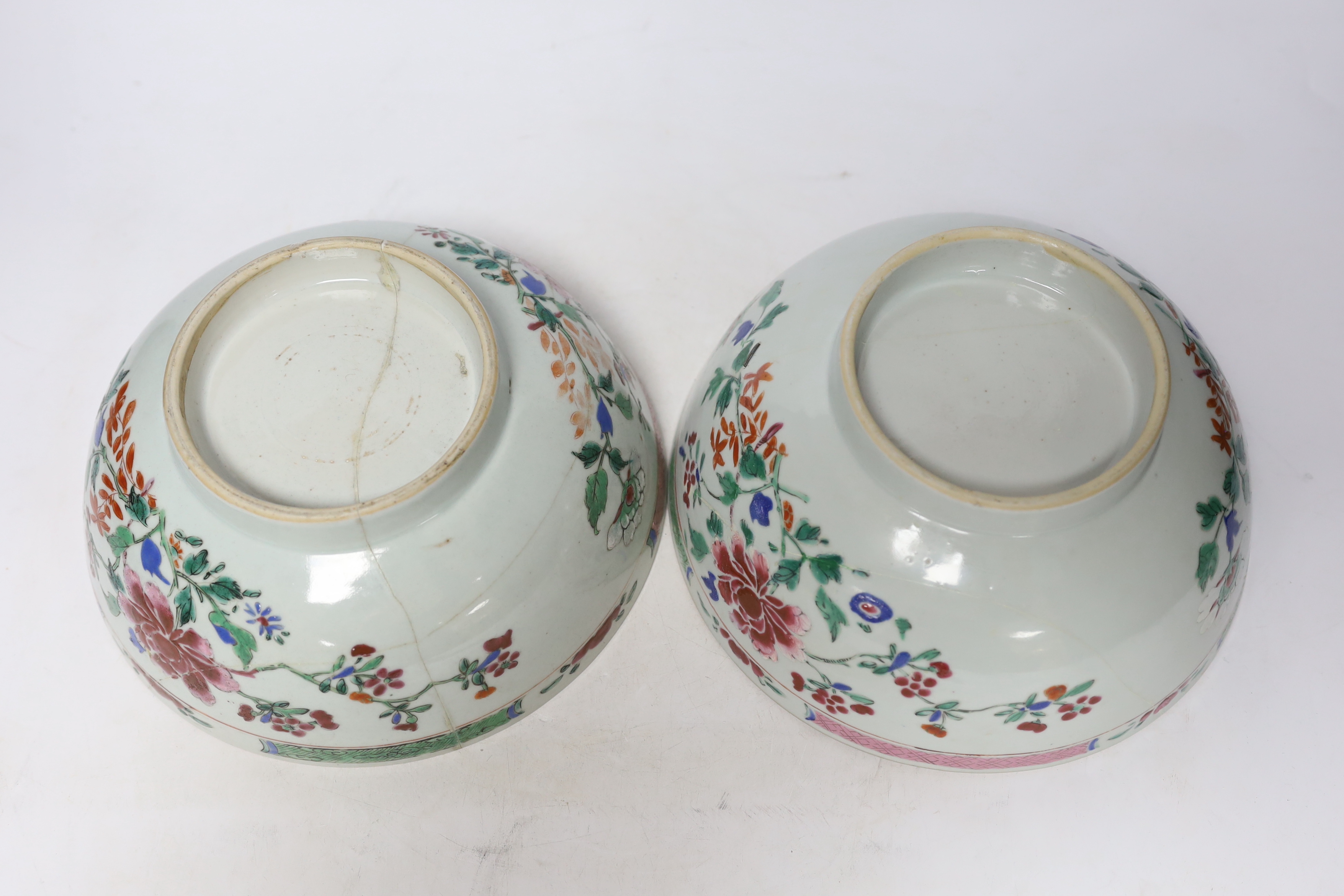 Two 18th century Chinese export famille rose bowls, 23.5cm diameter - Image 4 of 4